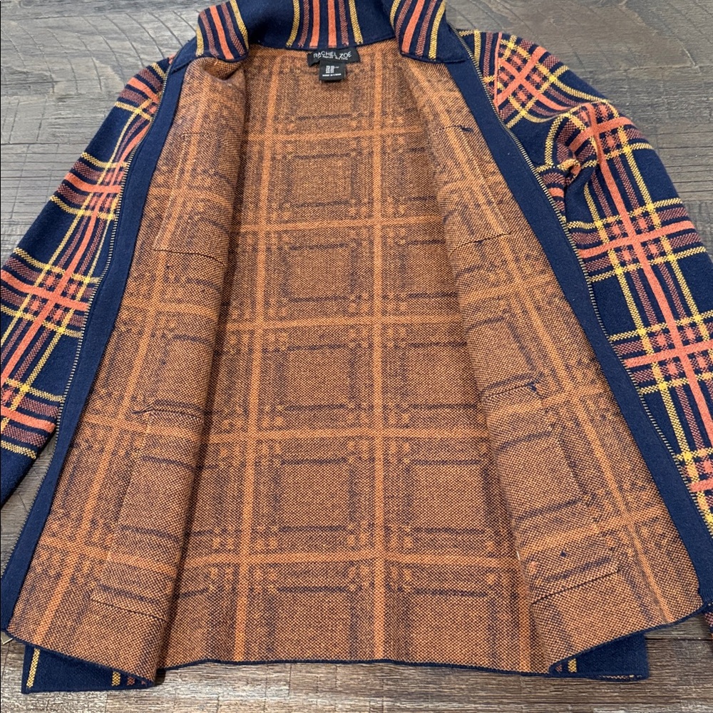 Rachel Zoe Plaid Zip Front Sweater Jacket Shacket Navy Blue Orange NWOT XS - Picture 11 of 16